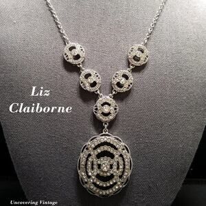 Liz Claiborne Rhinestone Statement Necklace Silver Tone 20" Vintage Jewelry